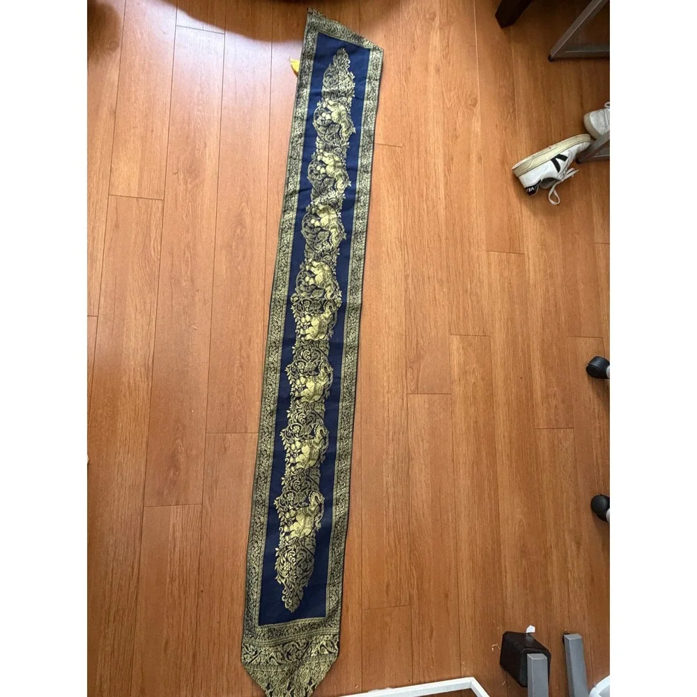 Thai Silk Table Runner Navy Blue Gold Elephant Brocade Tassel Trim 72 Inch Boho